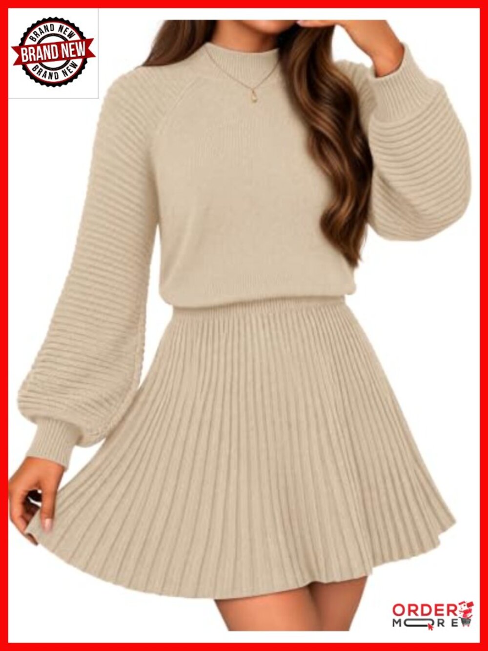 Women's 2 Piece Outfit Knit Sweater Top Pleated Mini Skirt Set